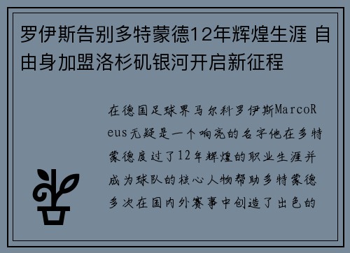 罗伊斯告别多特蒙德12年辉煌生涯 自由身加盟洛杉矶银河开启新征程 罗伊斯告别多特蒙德12年辉煌生涯 自由身加盟洛杉矶银河开启新征程